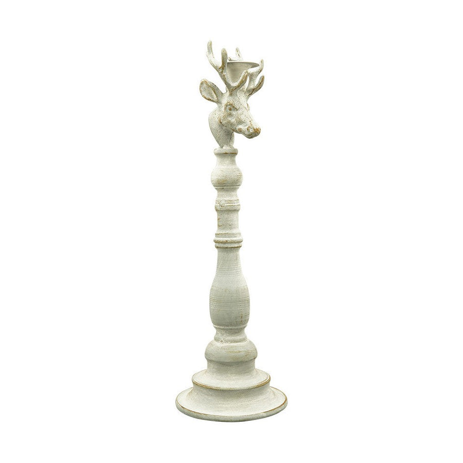 Vintage stílusú, rusztikus patinás felületű, antik fehér színű, szarvasfejjel díszített fém gyertyatartó.