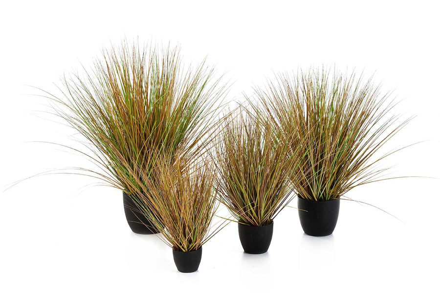 Őszi hangulatú, dús kialakítású, 50 cm magas, mű szökőkút fű bokor, fekete műanyag kaspóban..