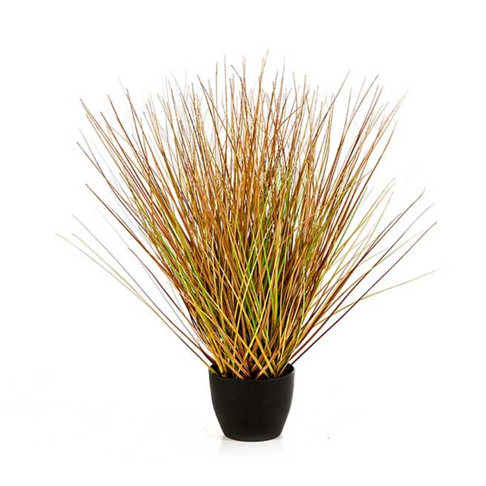 Őszi hangulatú, dús kialakítású, 50 cm magas, mű szökőkút fű bokor, fekete műanyag kaspóban.