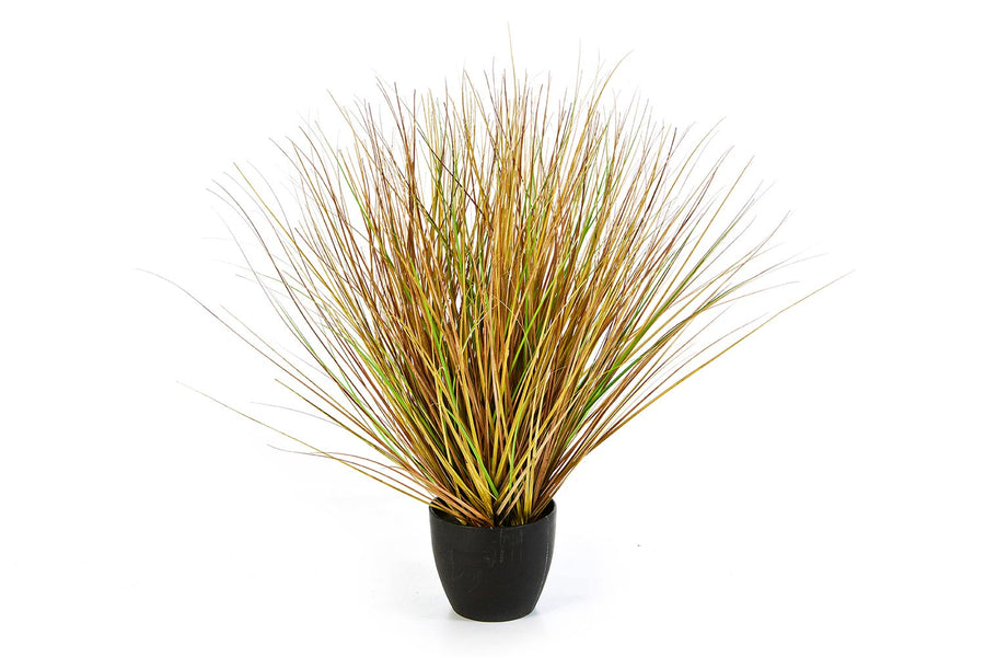 Őszi hangulatú, dús kialakítású, 65 cm magas, mű szökőkút fű bokor, fekete műanyag kaspóban.