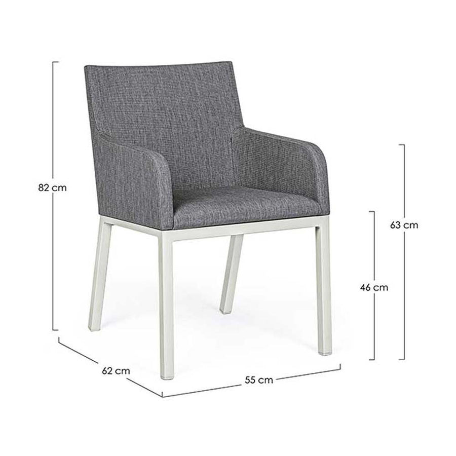 Modern kortárs stílusú, szürke színű, időjárás álló szövettel kárpitozott kerti karosszék, méretekkel ellátott képe.