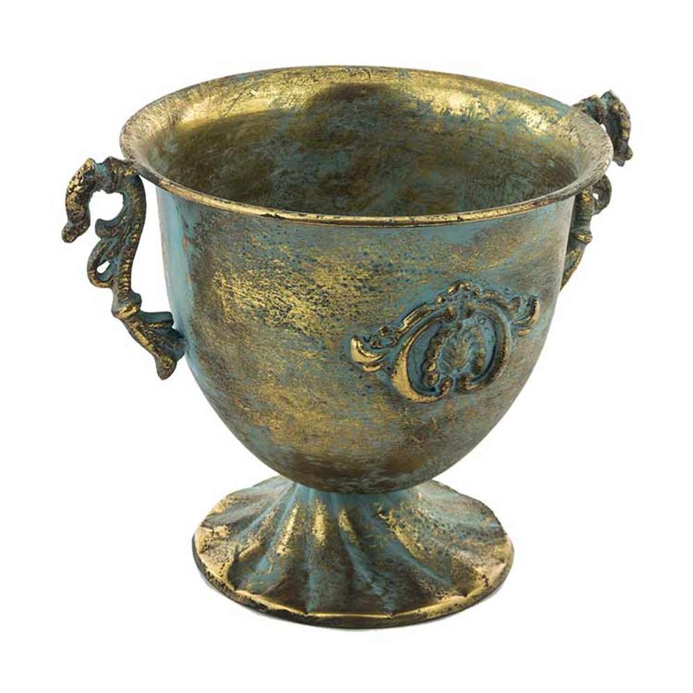 Patinás óarany színű, 26 cm magas, dombormintával díszített talpas fémkaspó