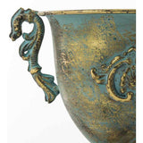 Patinás óarany színű, 26 cm magas, dombormintával díszített talpas fémkaspó