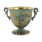 Patinás óarany színű, 26 cm magas, dombormintával díszített talpas fémkaspó