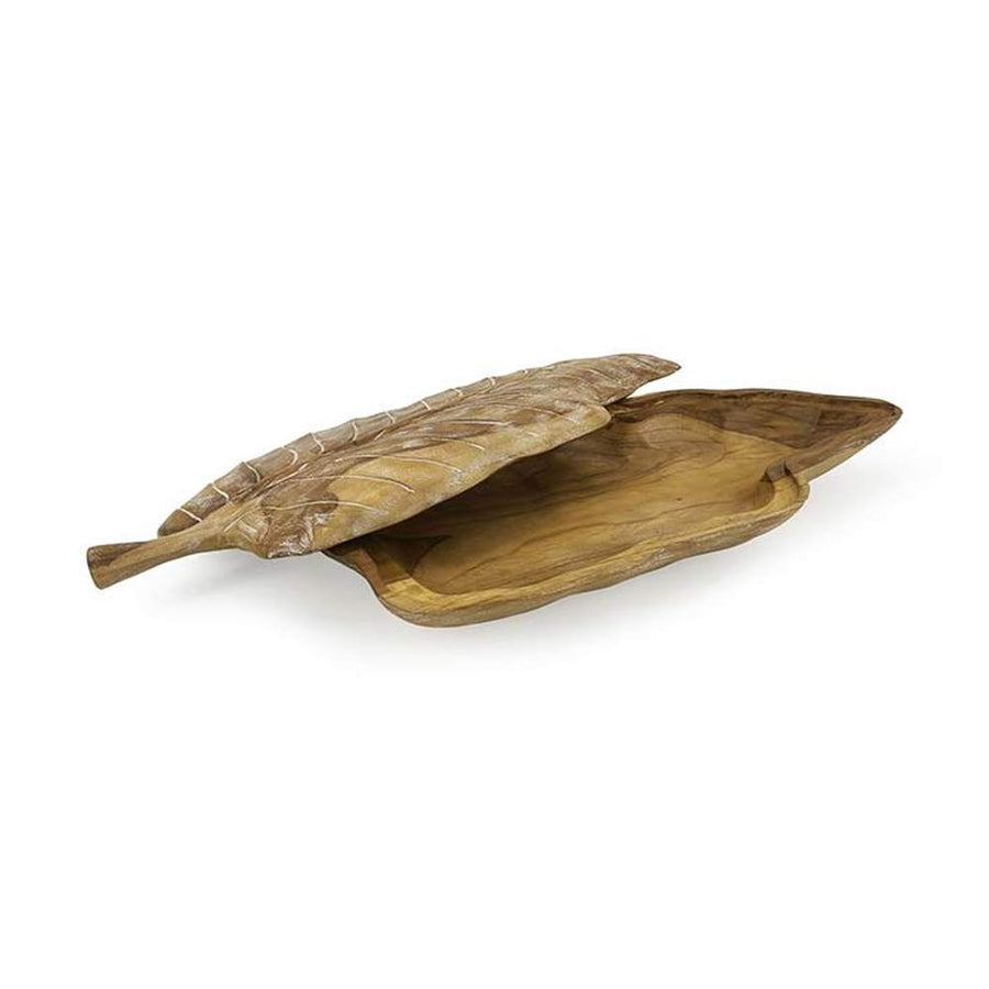 Ethnic, törzsi stílusú, 46 cm hosszú, teakfából faragott, levél formájú kézműves kínáló tálca fedéllel