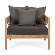 Prémium kategóriás, kortárs keleti stílusú, 90 cm hosszú és 90 cm széles teakfa fotel sötétszürke UV álló párnákkal 