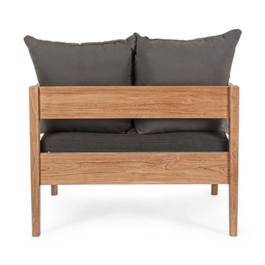 Prémium kategóriás, kortárs keleti stílusú, 90 cm hosszú és 90 cm széles teakfa fotel sötétszürke UV álló párnákkal 