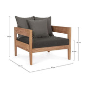 Prémium kategóriás, kortárs keleti stílusú, 90 cm hosszú és 90 cm széles teakfa fotel sötétszürke UV álló párnákkal 