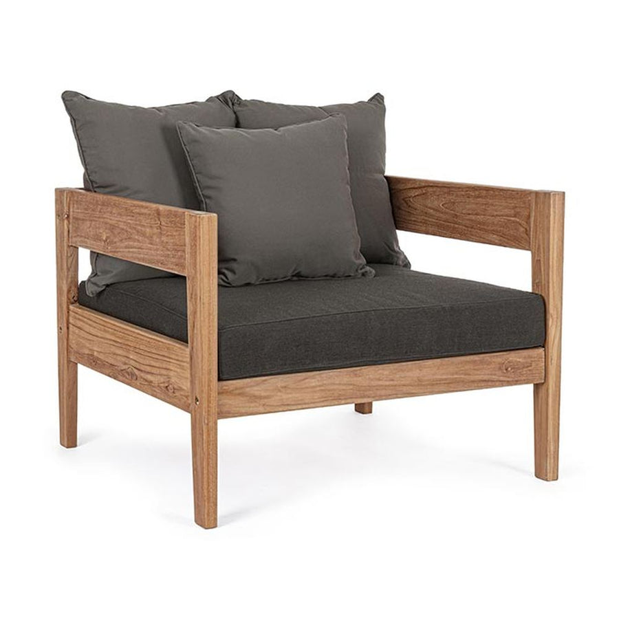 Prémium kategóriás, kortárs keleti stílusú, 90 cm hosszú és 90 cm széles teakfa fotel sötétszürke UV álló párnákkal 