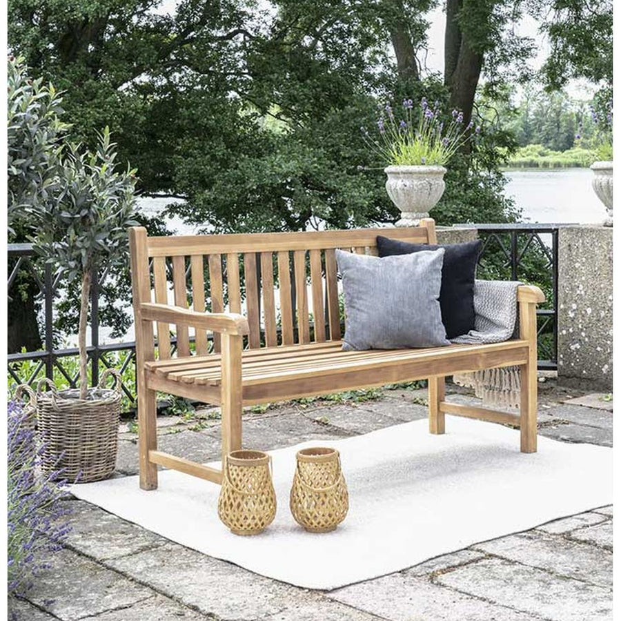 Mediterrán stílusú, 150 cm hosszú, kézműves kerti teakfa pad.