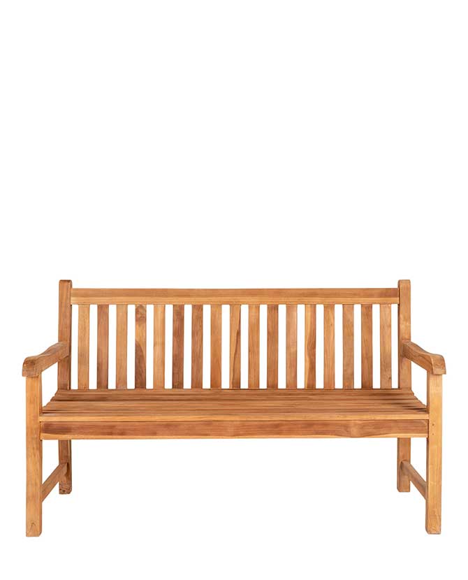 Mediterrán stílusú, 150 cm hosszú, kézműves kerti teakfa pad.