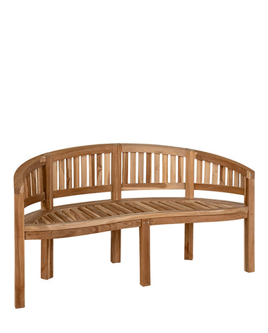 Natúr színű teakfából készült, 150 cm hosszú, banán formájú kerti pad.