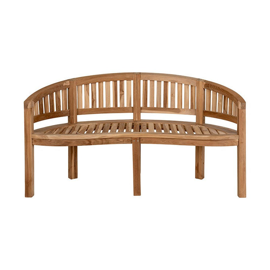 Natúr színű teakfából készült, 150 cm hosszú, banán formájú kerti pad.