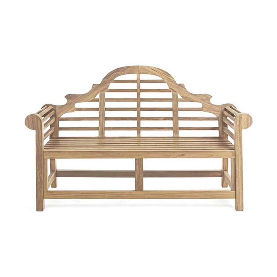 Angol vidéki stílusú, natúr színű teakfából készült kerti pad.