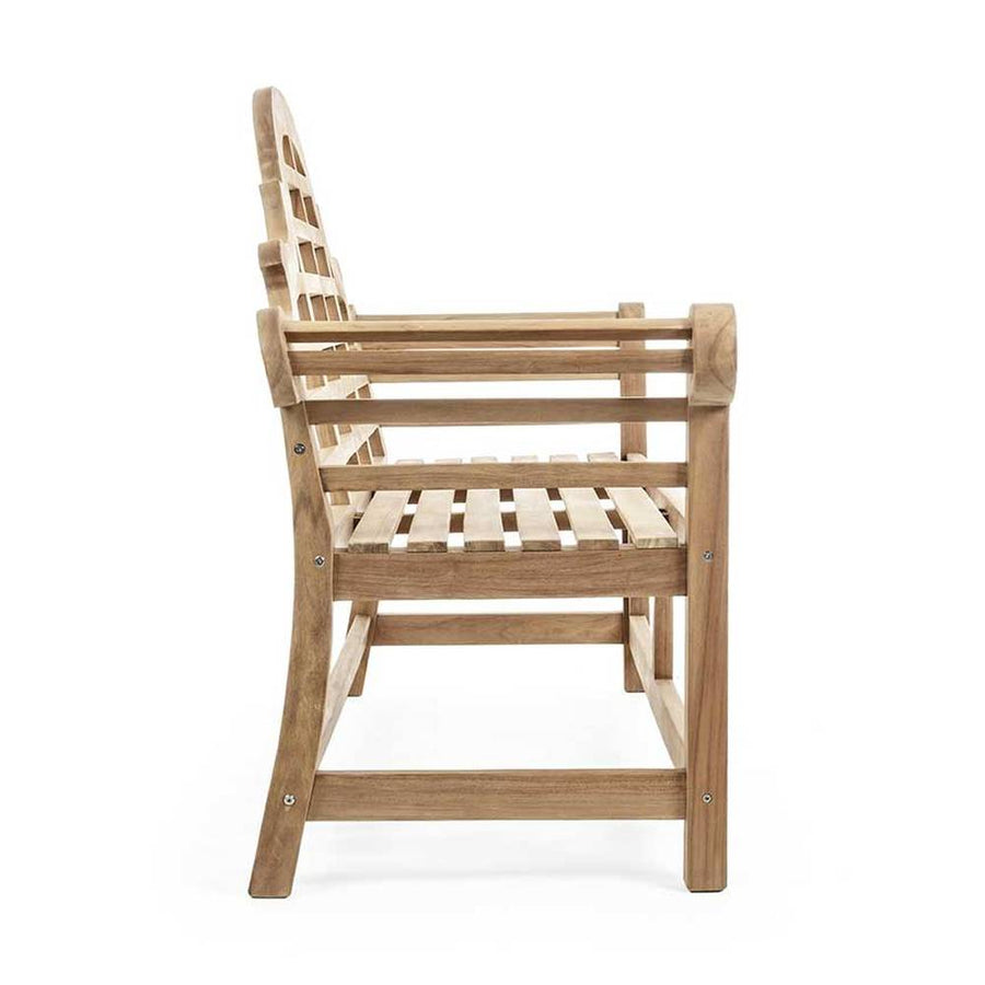 Angol vidéki stílusú, natúr színű teakfából készült kerti pad.