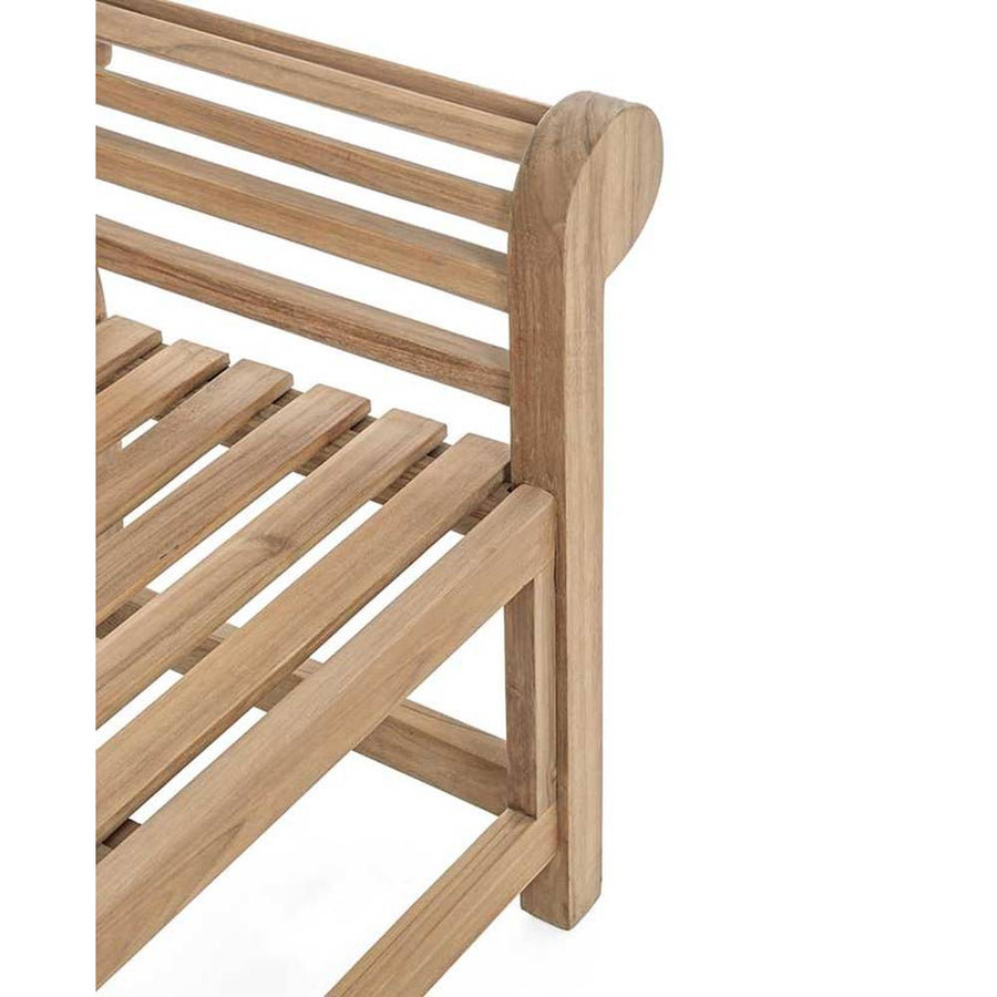 Angol vidéki stílusú, natúr színű teakfából készült kerti pad.