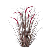 Padlizsán színű kalászokkal rendelkező, 89 cm magas mű tollborzfű bokor, fekete műanyag kaspóban.