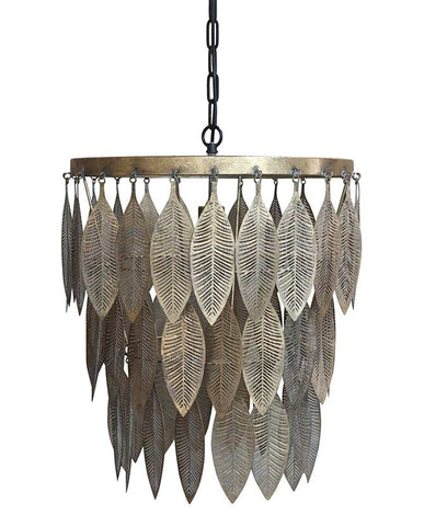 Tropical, illetve modern Art Deco stílusú függeszték lámpa, antikolt réz színű, áttört mintázatú fém levelekkel