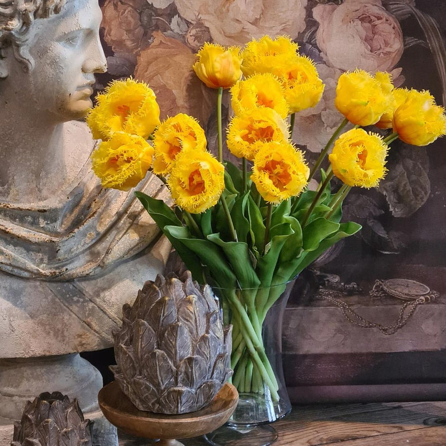 Élethű megjelenésű, Real Touch hatású, sárga színű, rojtos tulipán művirág.