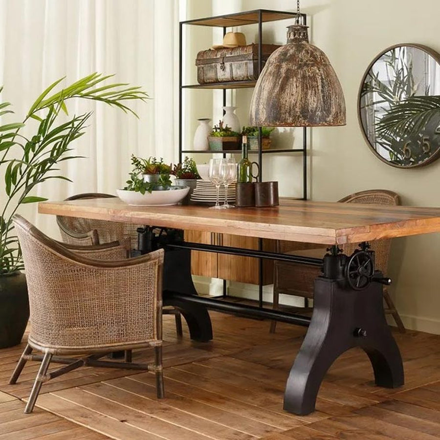 Állítható magasságú, 220 cm hosszú, ipari öntöttvas lábakon álló, újrahasznosított fából készült loft stílusú étkezőasztal 