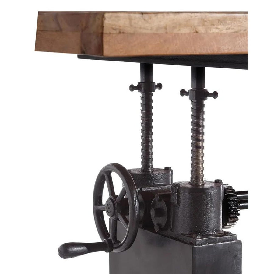 Állítható magasságú, 220 cm hosszú, ipari öntöttvas lábakon álló, újrahasznosított fából készült loft stílusú étkezőasztal 