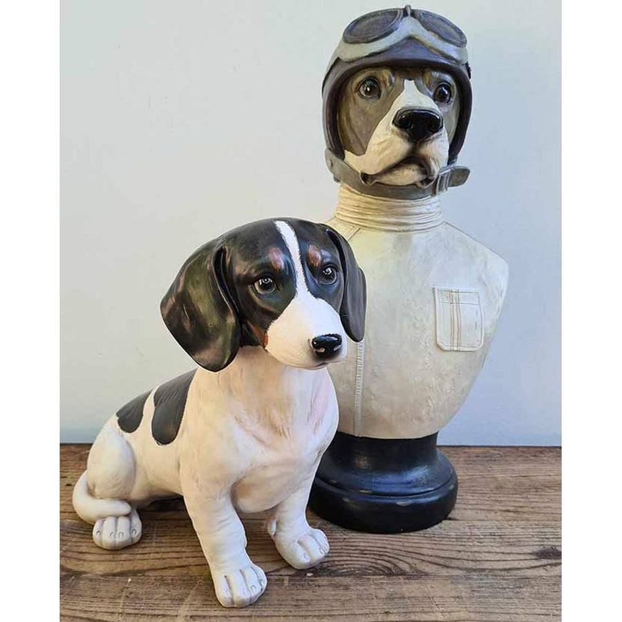 Vintage stílusú, nagyméretű, krém színű, foltos kölyök kutya figura