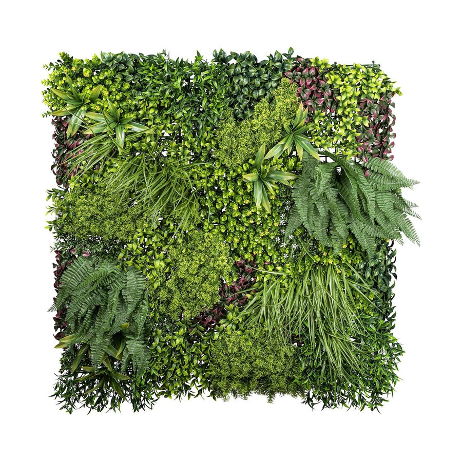 Mű páfrányokból, füvekből és virágokból készült, 100 cm hosszú és 100 cm széles, UV álló mesterséges növényfal panel .