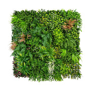 Mű páfrányokból, füvekből és virágokból készült, 100 cm hosszú és 100 cm széles, UV álló mesterséges növényfal panel.