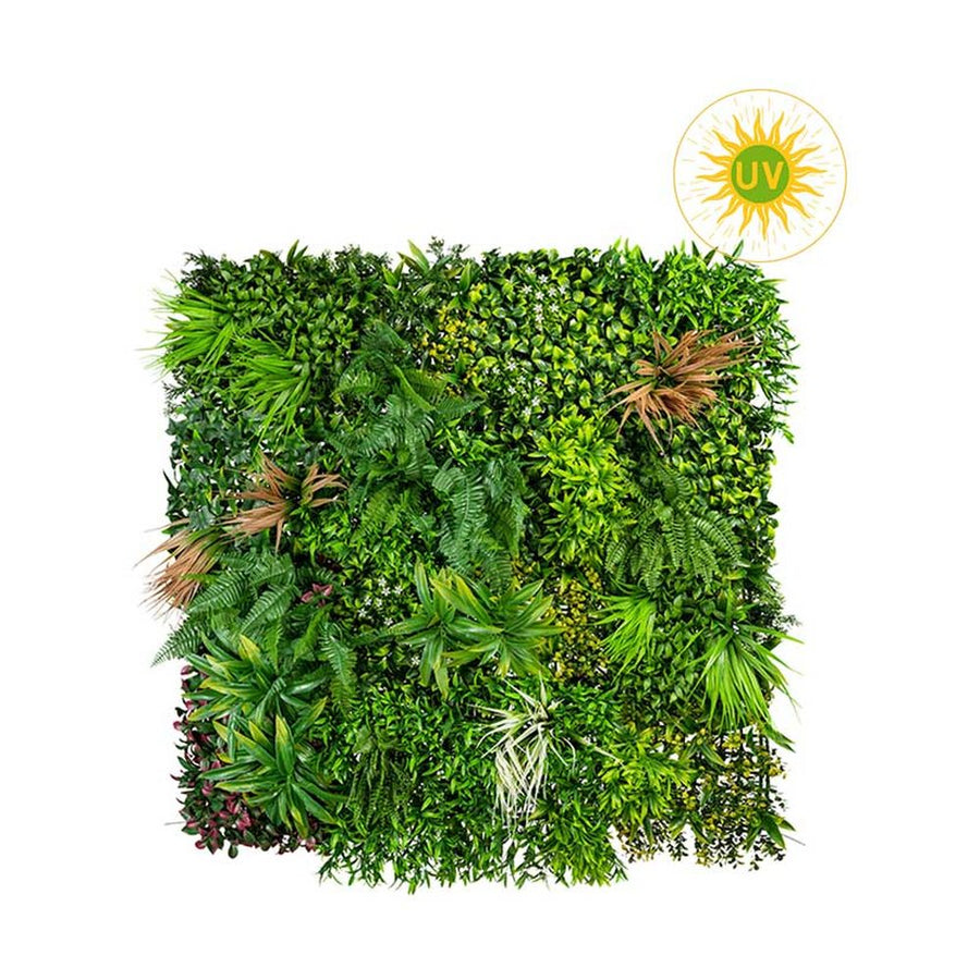 Mű páfrányokból, füvekből és virágokból készült, 100 cm hosszú és 100 cm széles, UV álló mesterséges növényfal panel.