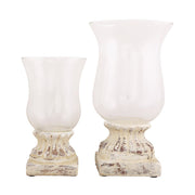 Shabby Chic, vintage stílusú, krém színű, kőhatású antikolt talpazatú üvegkelyhes gyertyatartó