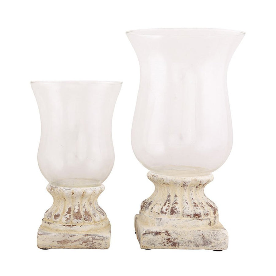 Shabby Chic, vintage stílusú, krém színű, kőhatású antikolt talpazatú üvegkelyhes gyertyatartó