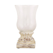 Shabby Chic, vintage stílusú, krém színű, kőhatású antikolt talpazatú üvegkelyhes gyertyatartó