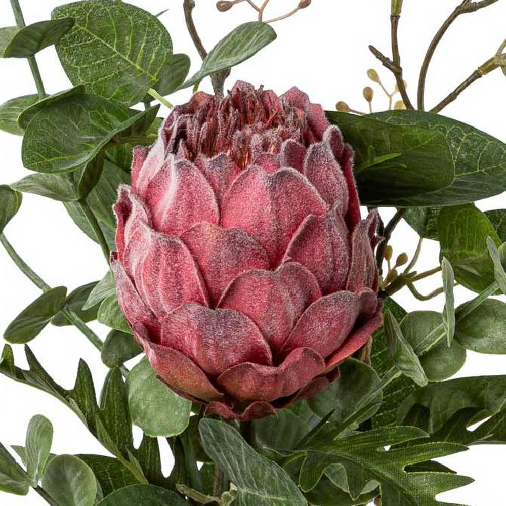 56 cm hosszú, vegyes zöldekkel kialakított mesterséges mű protea csokor 