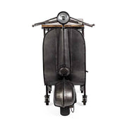 Vespa motor formájú, ezüst színű, fém kézműves bárpult konzol bortartóval, fa pult lappal.