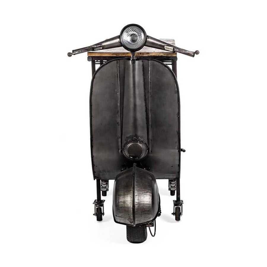 Vespa motor formájú, ezüst színű, fém kézműves bárpult konzol bortartóval, fa pult lappal.