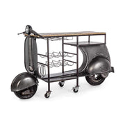 Vespa motor formájú, ezüst színű, fém kézműves bárpult konzol bortartóval, fa pult lappal.