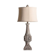 Provanszi stílusú műgyantából készült, fahatású, antikolt szürke színű asztali lámpa jutavászon lápaernyővel.