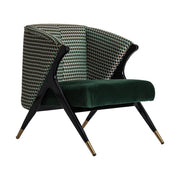 Kortárs stílusú, kaucsukfából készült, formatervezett art deco karosszék, zöld színű bársonnyal kárpitozva.