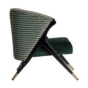 Kortárs stílusú, kaucsukfából készült, formatervezett art deco karosszék, zöld színű bársonnyal kárpitozva.