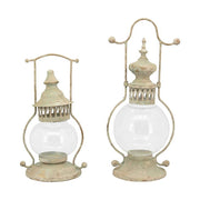 2 darab, vintage stílusú, viharlámpa formájú lámpás, antikolt fém felülettel