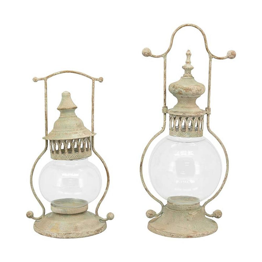2 darab, vintage stílusú, viharlámpa formájú lámpás, antikolt fém felülettel
