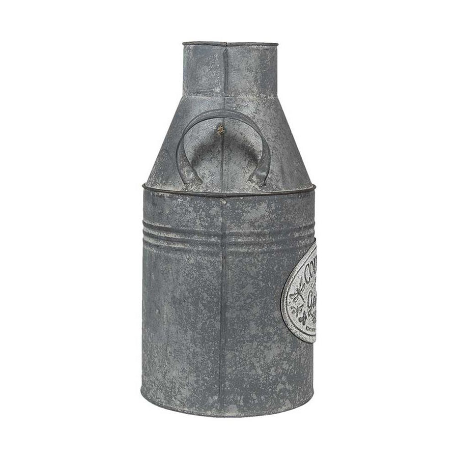 Vidéki vintage stílusú, 36 cm magas, antikolt felületű, tradicionális formavilágú bádog tejeskanna "Country Garden" dombormintás felirattal