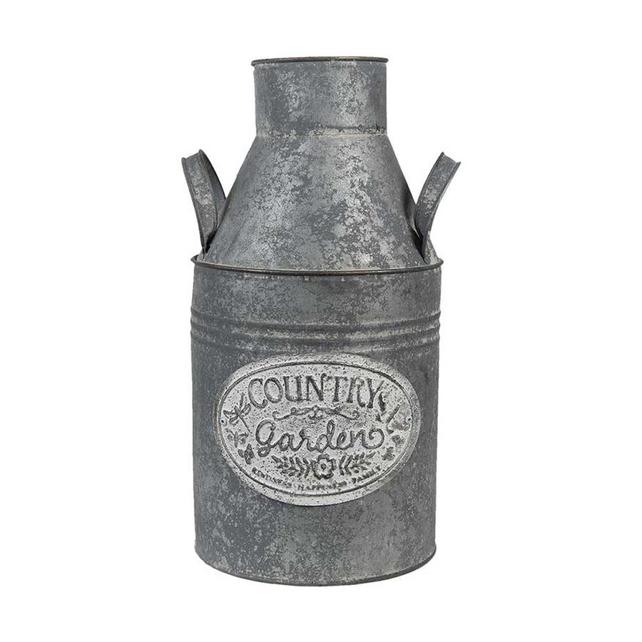 Vidéki vintage stílusú, 36 cm magas, antikolt felületű, tradicionális formavilágú bádog tejeskanna "Country Garden" dombormintás felirattal