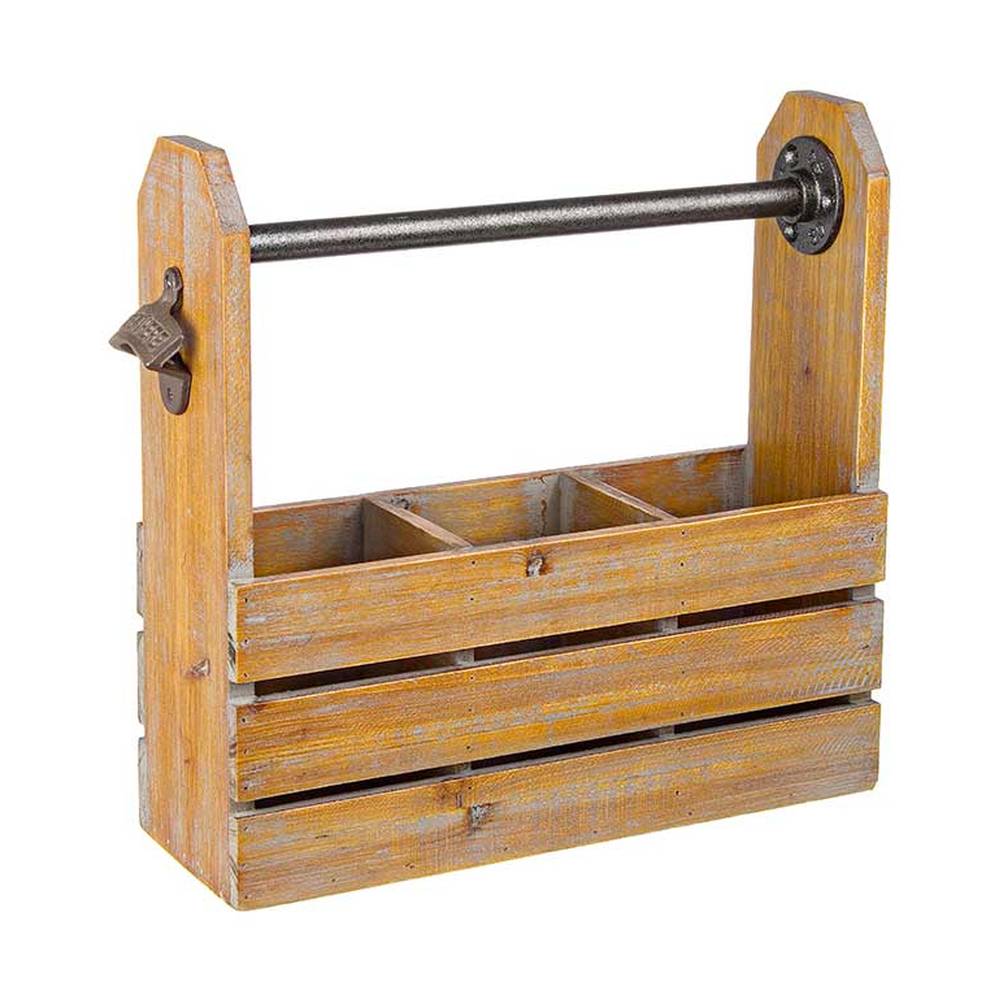 Antikolt hatású, fenyőfából készült, szerszámos láda formájú sörtartó.