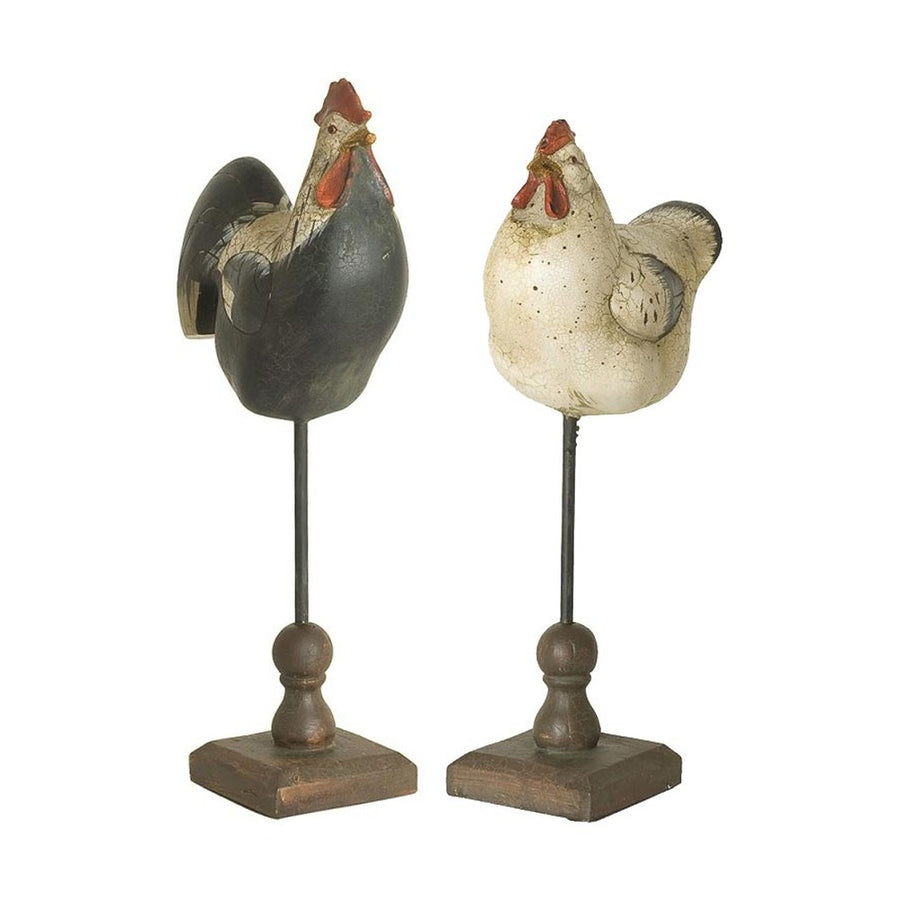 Vintage stílusú, dekoratív rusztikus megjelenésű 31 cm magas, műgyantából készült tyúk figura fa talapzaton