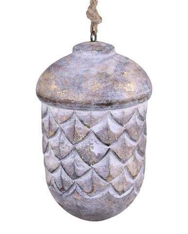 Vintage stílusú, mangófából faragott, 15 cm magas, antikolt felületű, tölgy makk formájú, kézműves karácsonyfadísz