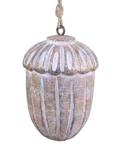 Vintage stílusú, mangófából faragott, 15 cm magas, antikolt felületű, tölgy makk formájú, kézműves karácsonyfadísz