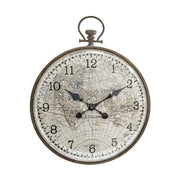 Nagyméretű, 55 cm átmérőjű és 67,5 cm magas, antik bronz színű vasabronccsal keretezett, világtérképes számlapú, domború polikarbonát üvegű, vintage stílusú falióra