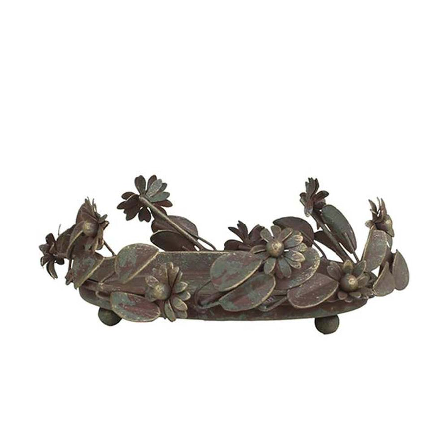 Vintage stílusú, antikolt felületű, fém virágokkal és levelekkel díszített antik réz színű gyertyatartó tálca