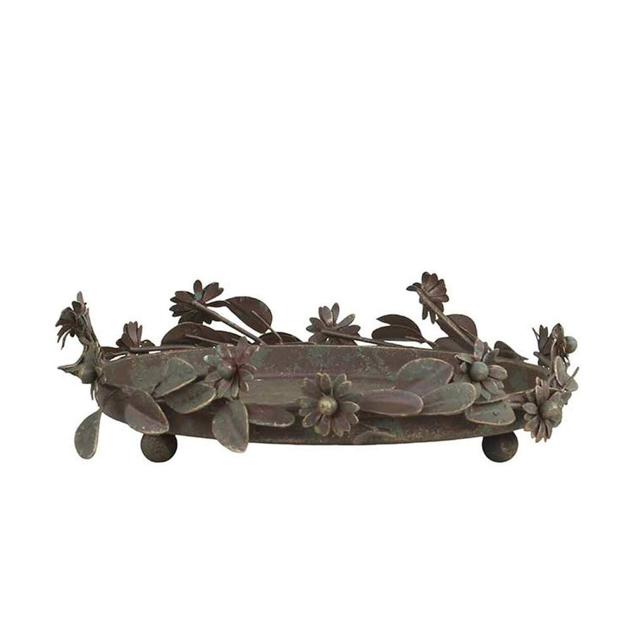 Vintage stílusú, antikolt felületű, fém virágokkal és levelekkel díszített antik réz színű gyertyatartó tálca